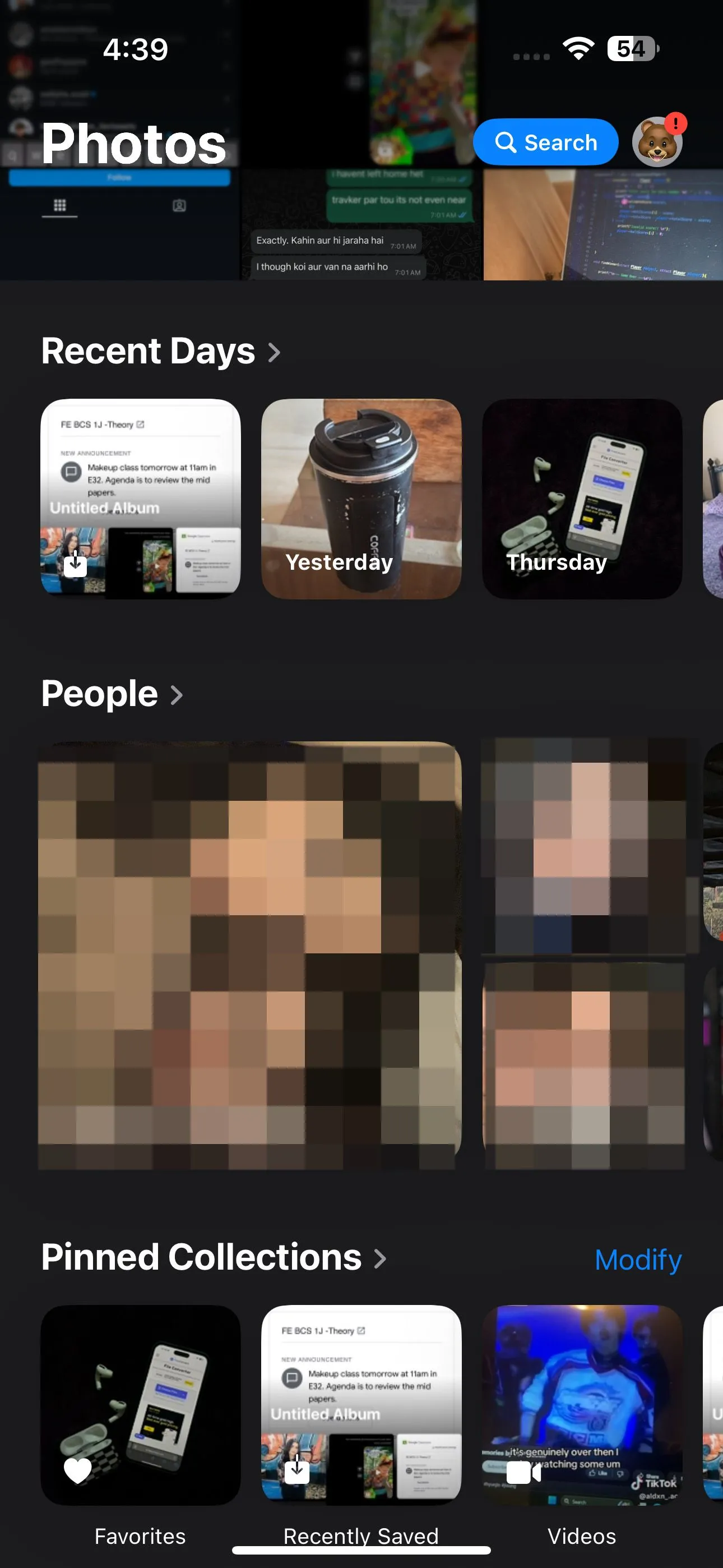 different collections in the Photos app including People
