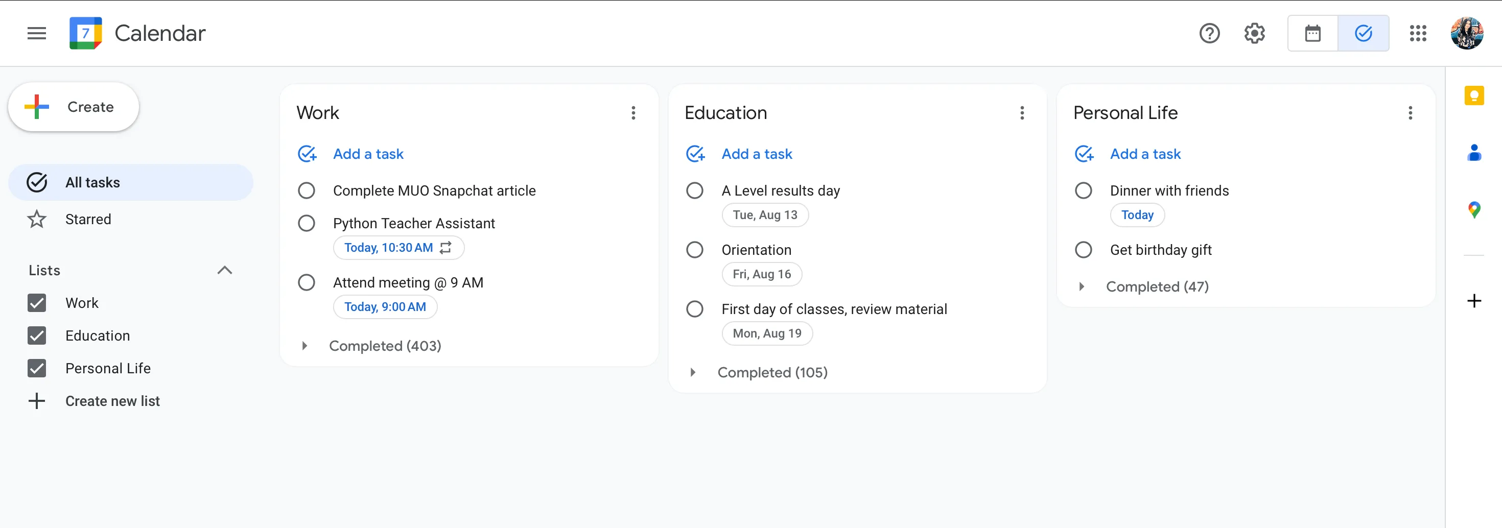 Different lists in Google Tasks