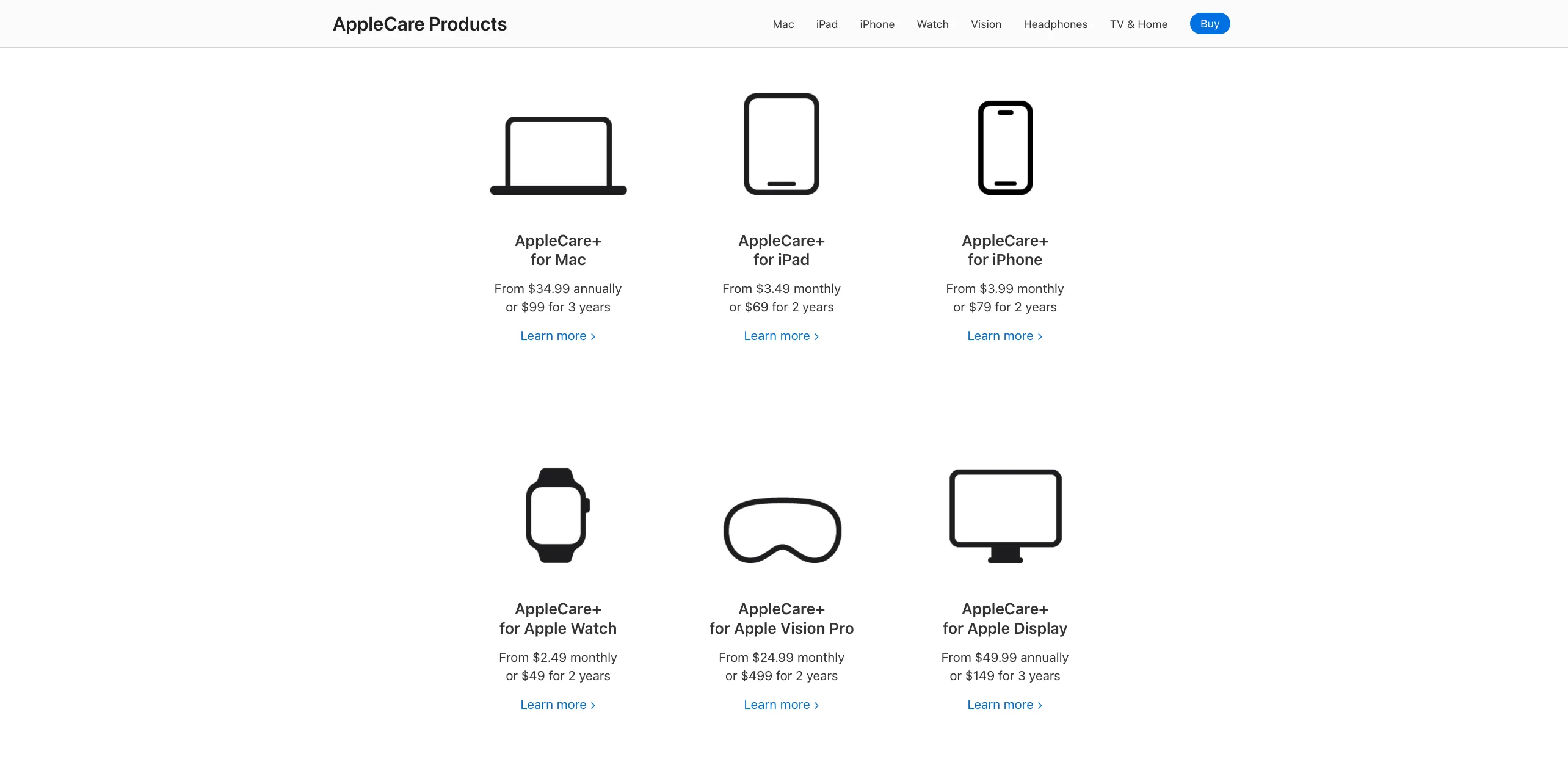 Đồ họa minh họa các gói bảo vệ AppleCare+ dành cho các dòng sản phẩm Apple khác nhau cùng mức giá tương ứng