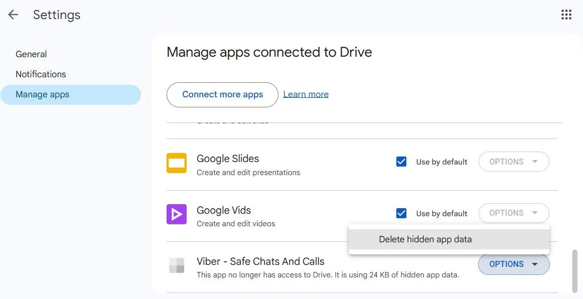 Dọn dẹp dữ liệu ẩn của ứng dụng và trò chơi lưu trữ trong Google Drive