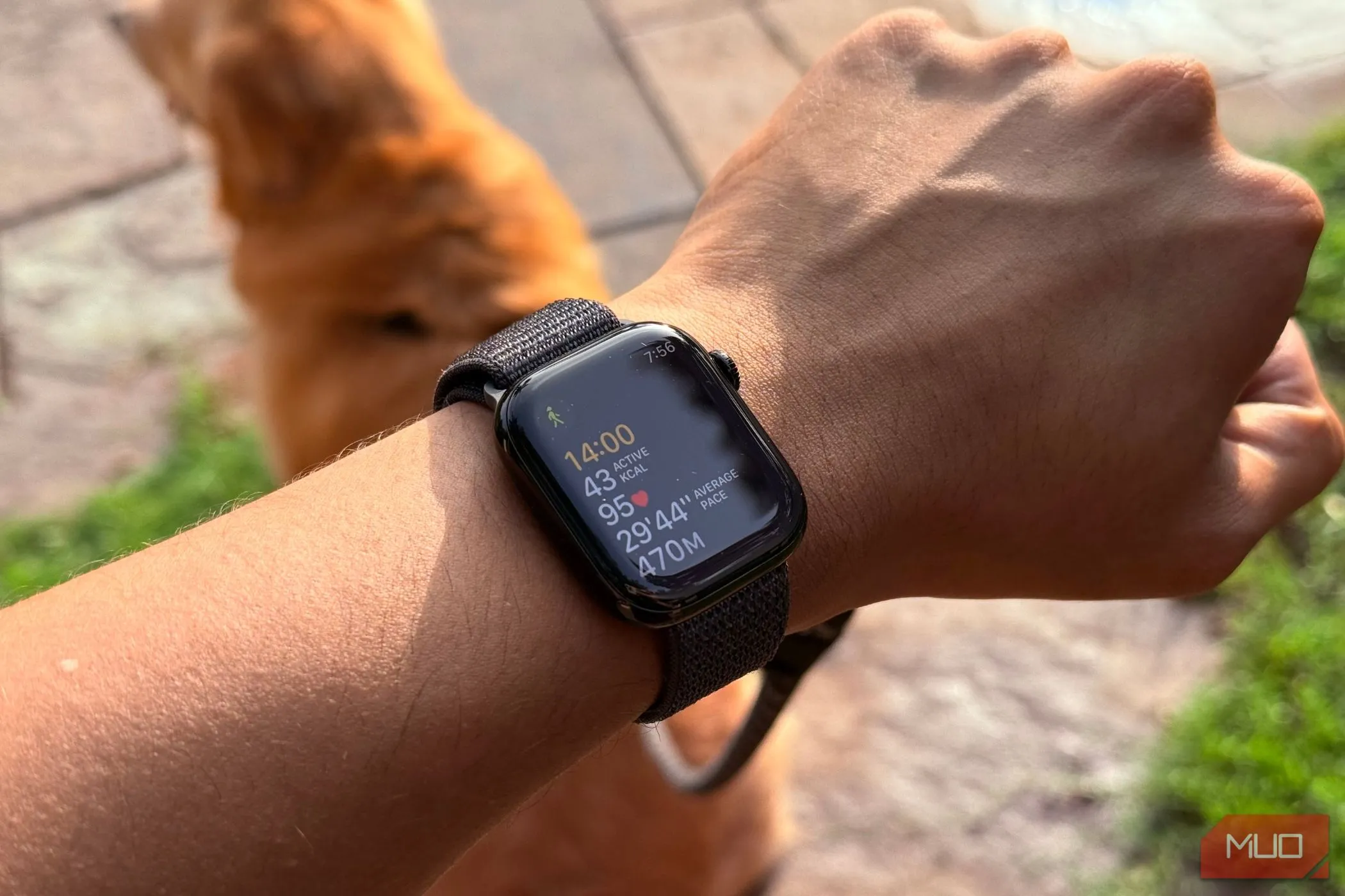 Đồng hồ Apple Watch đeo trên cổ tay người đàn ông hiển thị ứng dụng tập luyện và số liệu thống kê