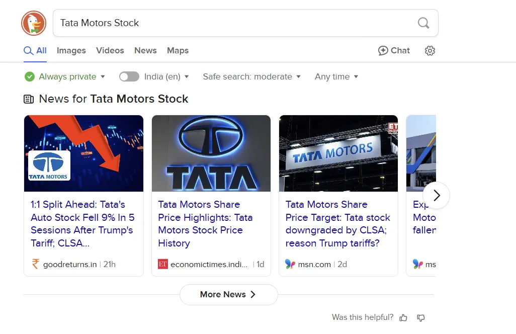 DuckDuckGo khi tìm kiếm &quot;cổ phiếu Tata Motors&quot; chỉ hiển thị danh sách các liên kết website liên quan.