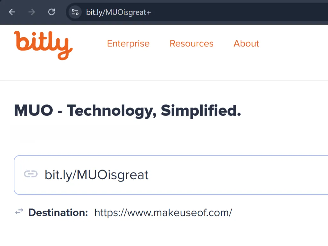 Đường link rút gọn Bitly dẫn tới trang chủ MakeUseOf.com, minh họa sự không rõ ràng của URL rút gọn.