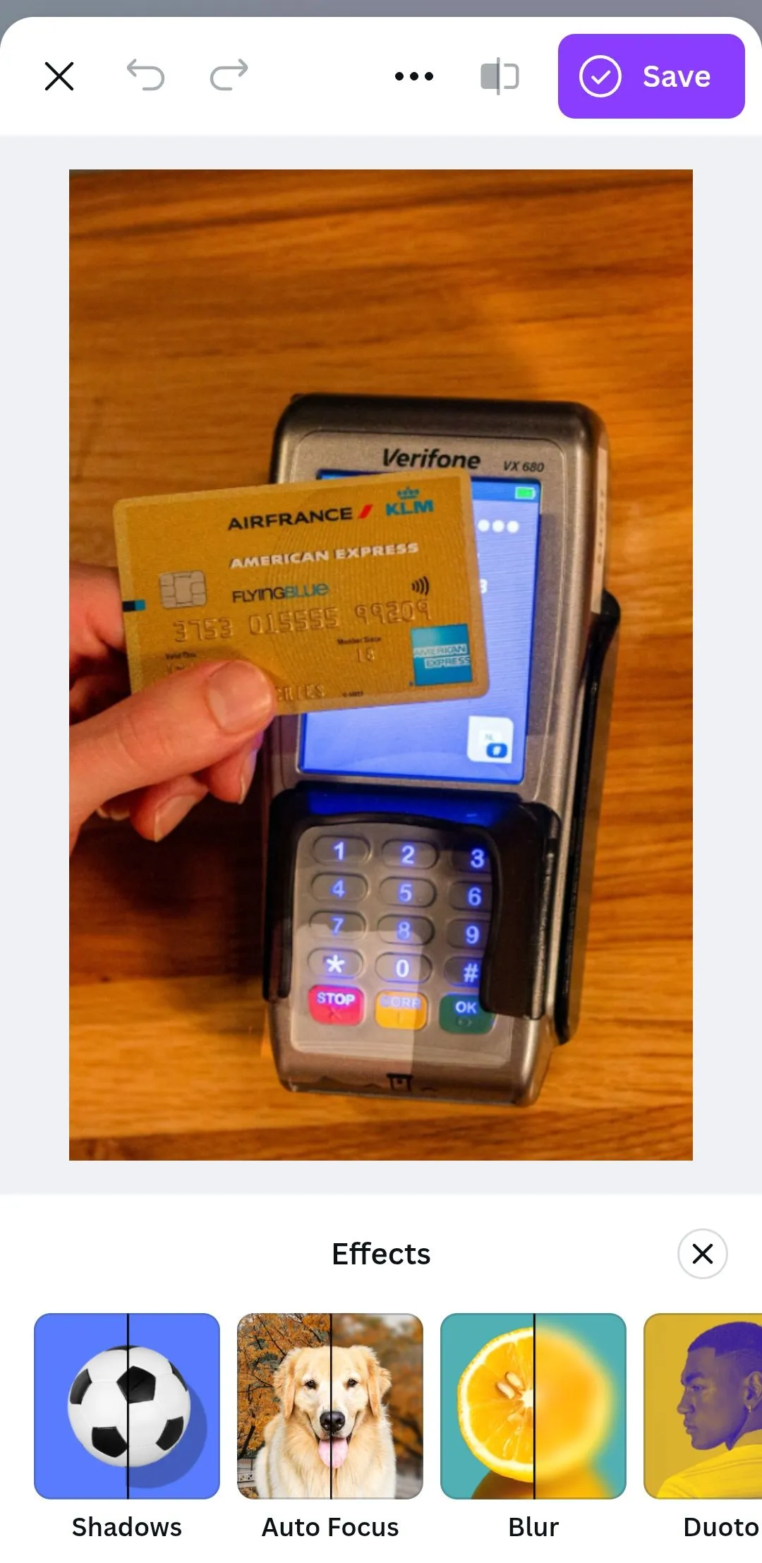 Effects tab in Canva mobile app showing an image of a credit card