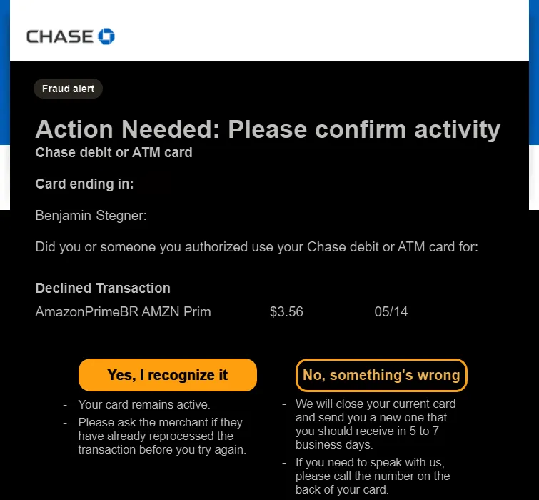 Email cảnh báo gian lận tài khoản Amazon từ ngân hàng Chase