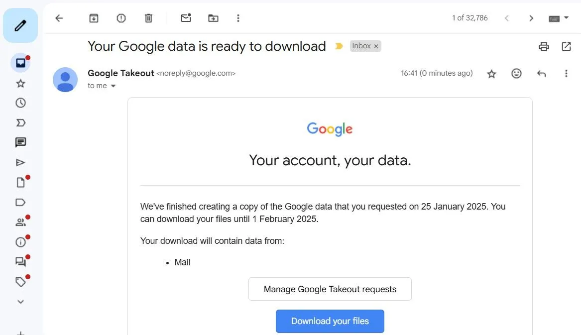 Email Google Takeout thông báo sẵn sàng tải xuống dữ liệu Gmail đã xuất