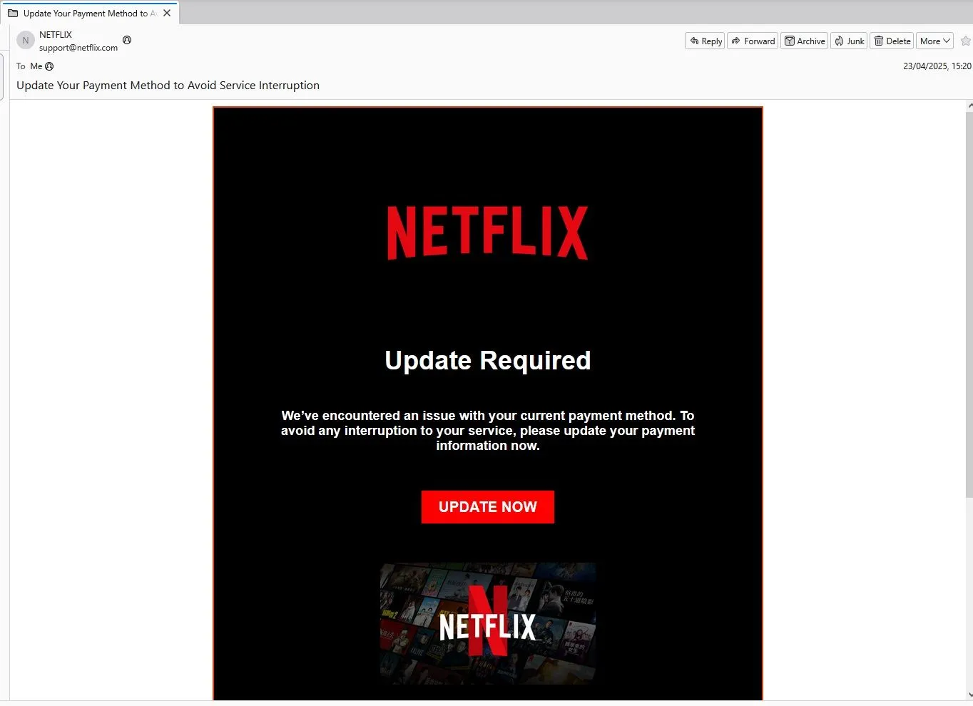 Email lừa đảo Netflix giả mạo giao diện chính thức yêu cầu cập nhật thanh toán