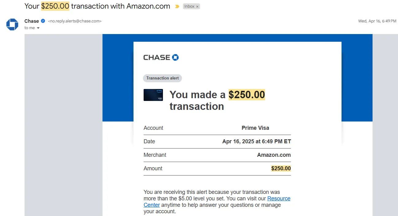 Email thông báo giao dịch 250 USD từ Amazon