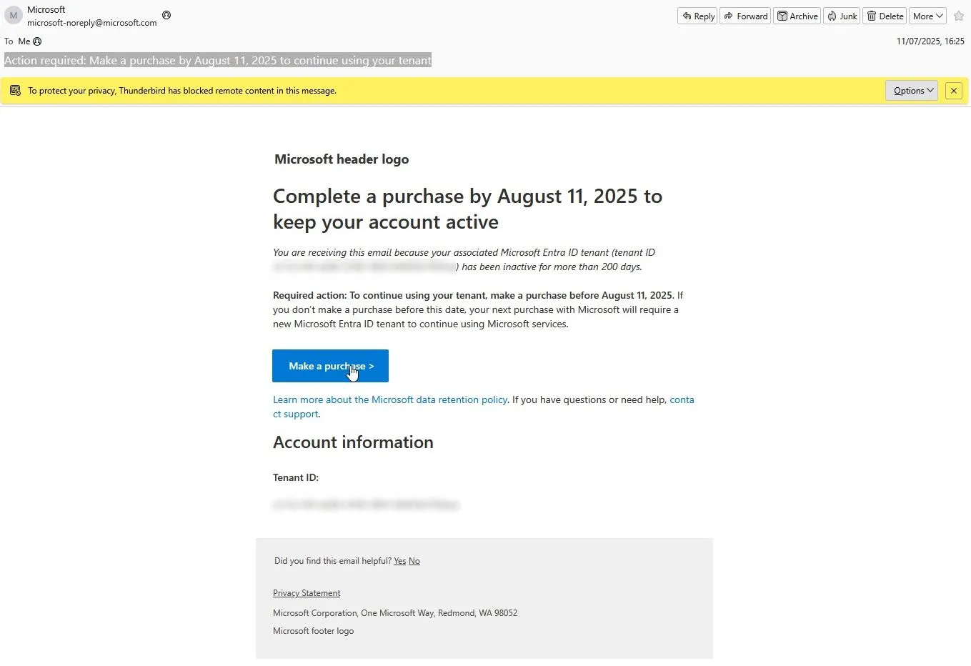 Email thông báo Microsoft Entra ID bị làm mờ