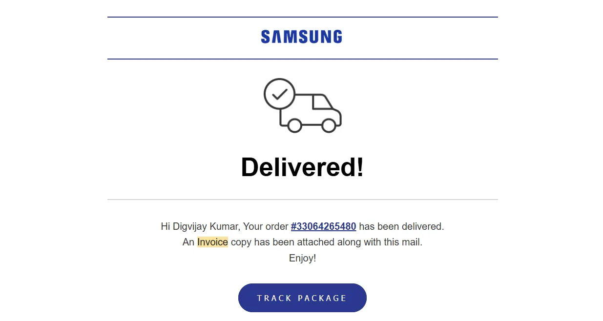 Email xác nhận đơn hàng Samsung hiển thị số IMEI và thông tin sản phẩm