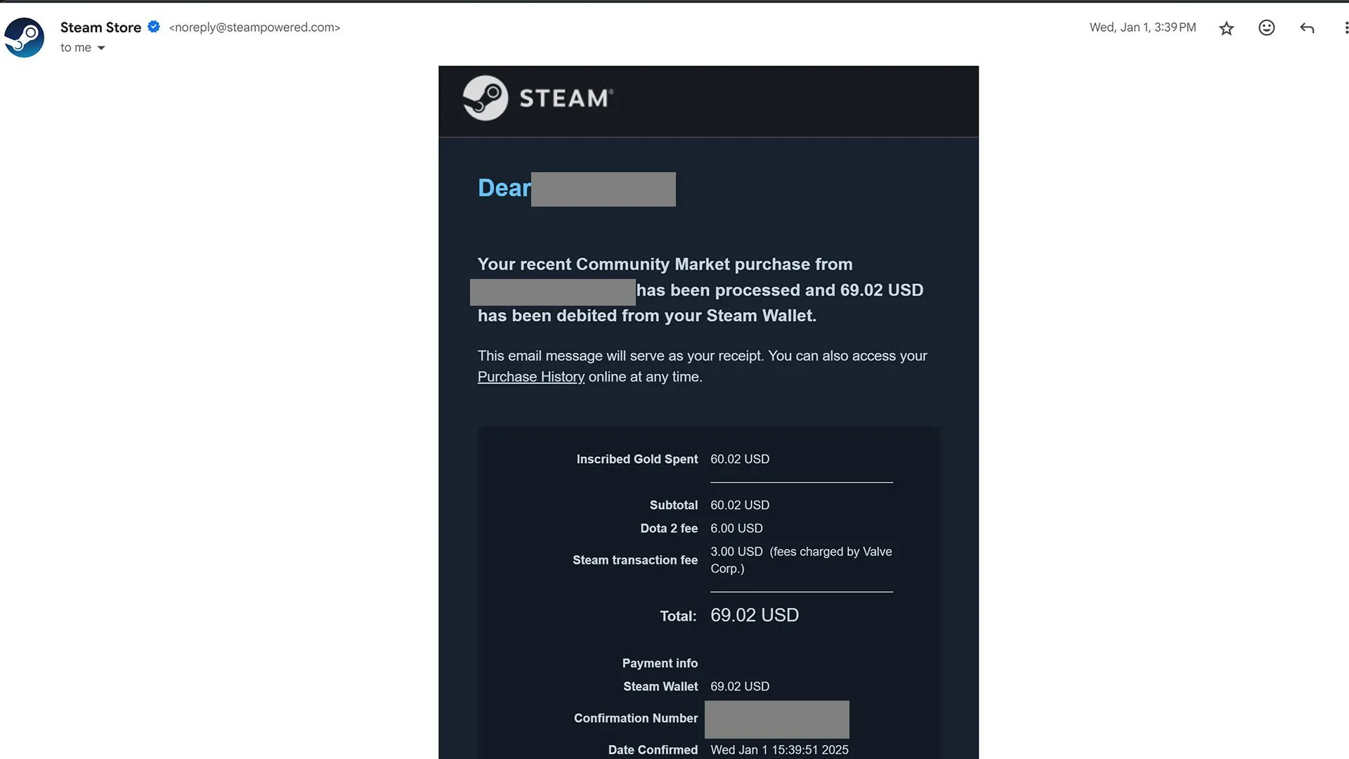 Email xác nhận giao dịch Chợ cộng đồng Steam bị nghi ngờ lừa đảo, hiển thị chi tiết giao dịch và người nhận