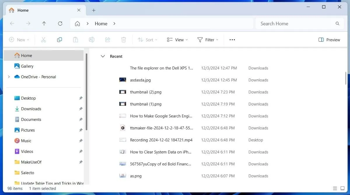 File Explorer hiển thị các tệp gần đây trên Windows