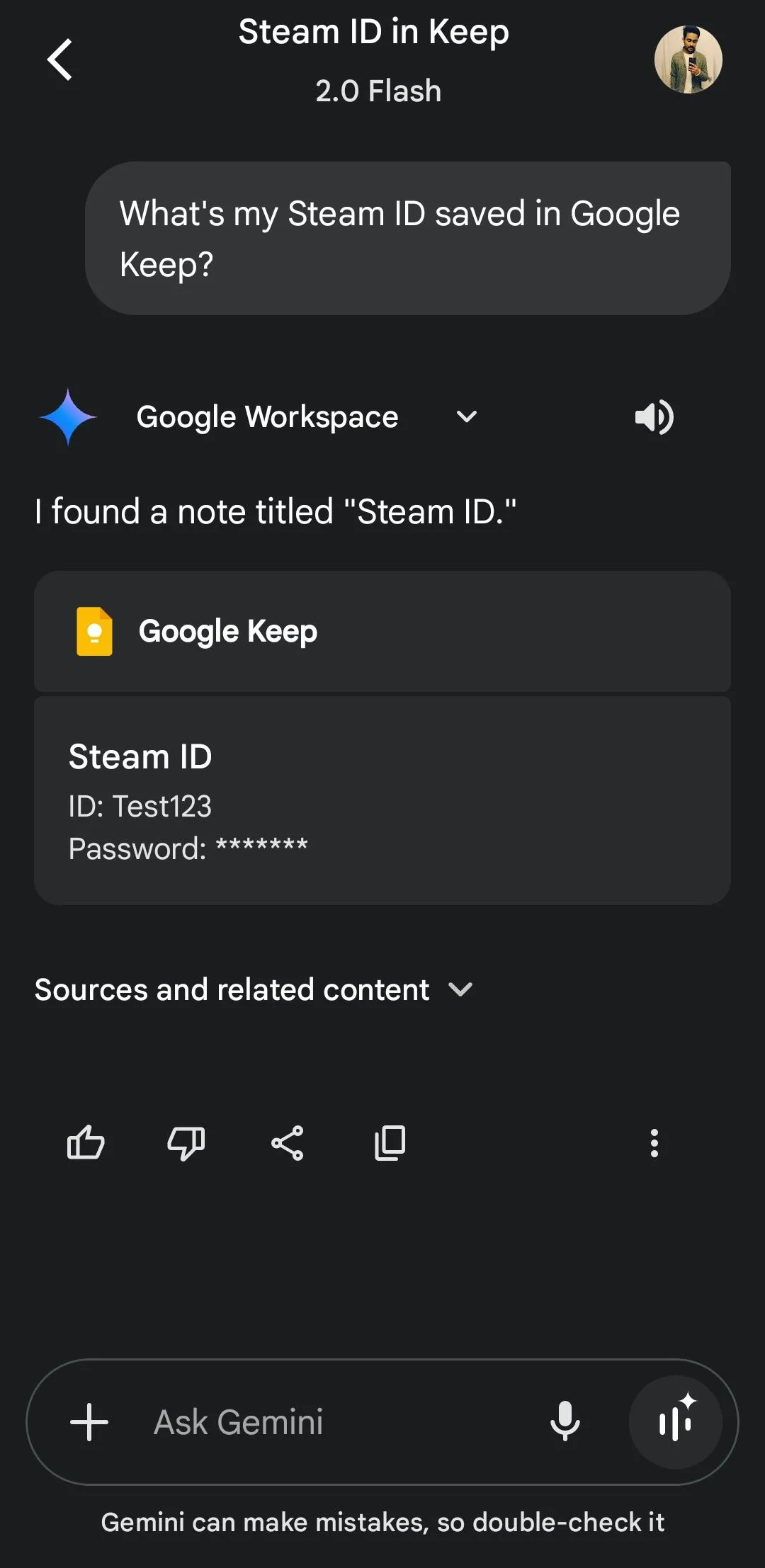 Gemini tìm kiếm thông tin về Steam ID từ ghi chú Google Keep