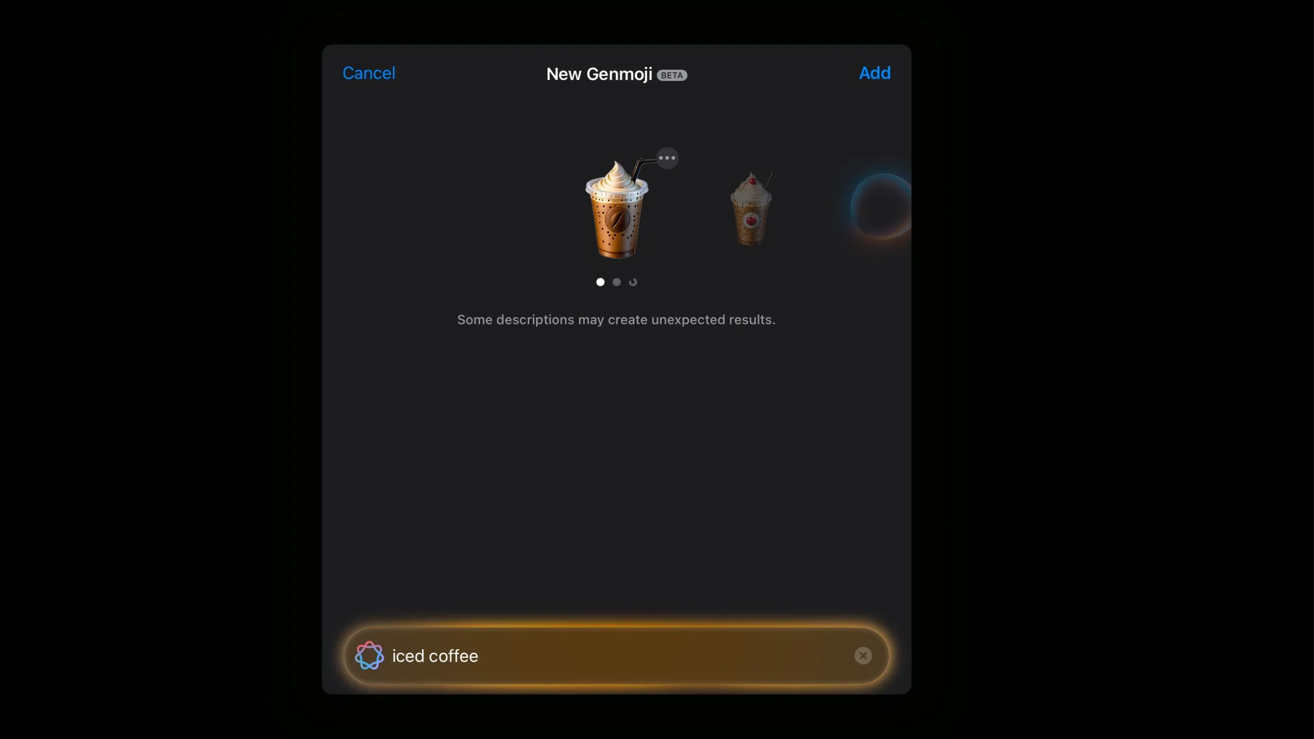 Genmoji tạo biểu tượng cảm xúc ly cà phê đá với bọt kem