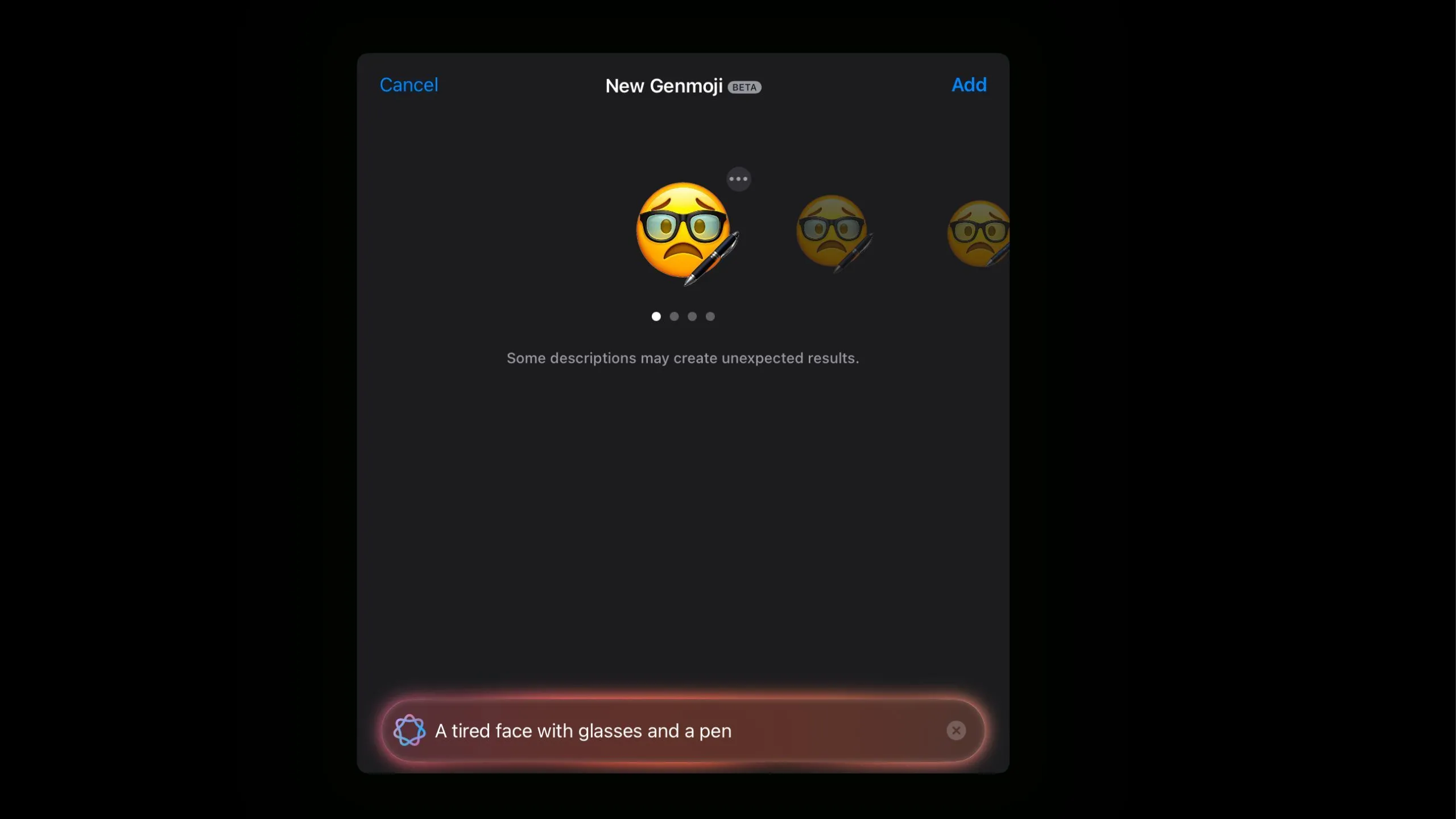 Genmoji tạo ra biểu tượng mặt mệt mỏi với kính và bút, khác biệt so với phong cách Apple