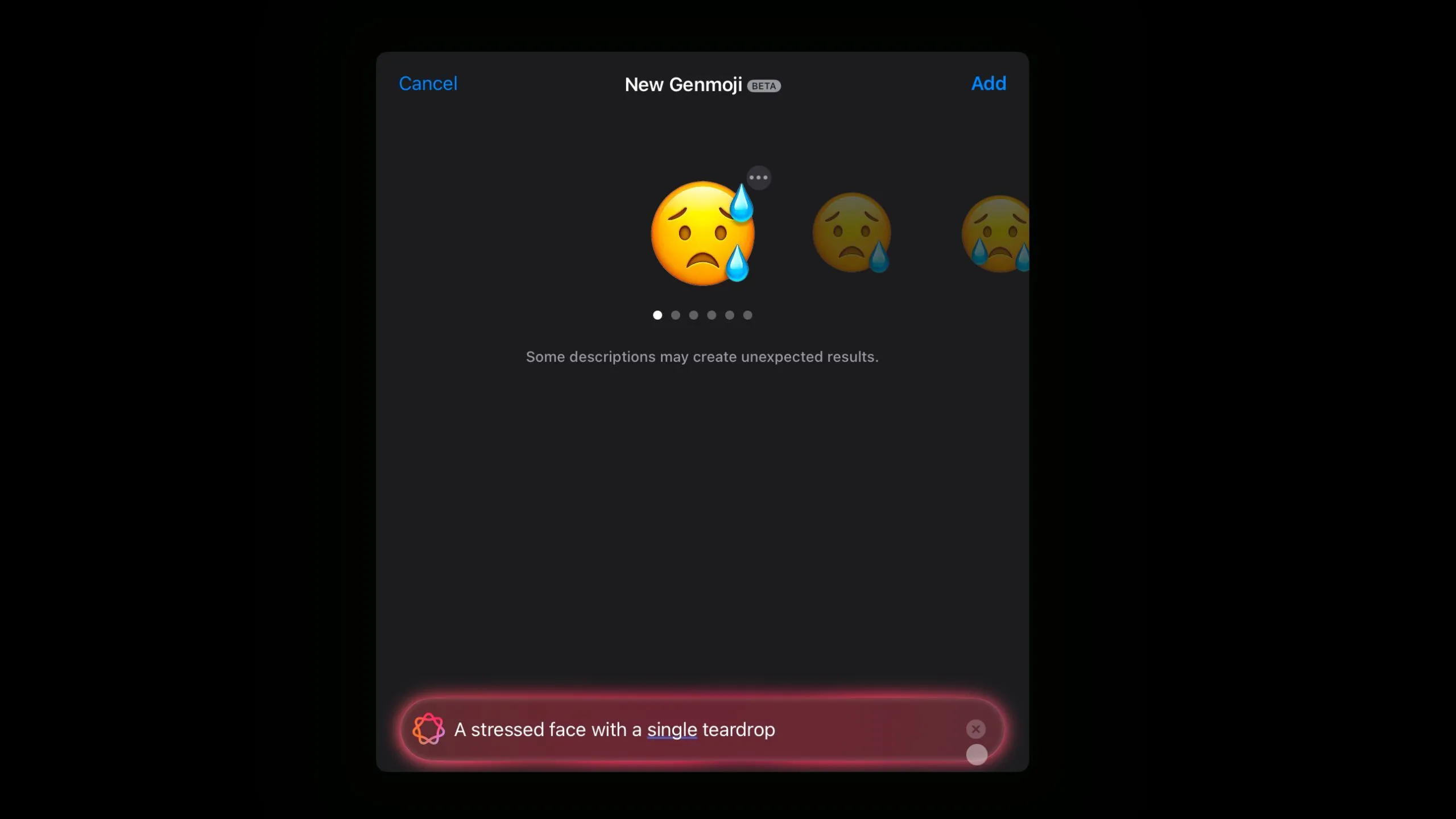 Genmoji tạo ra khuôn mặt căng thẳng với hai giọt nước mắt, trái với yêu cầu một giọt
