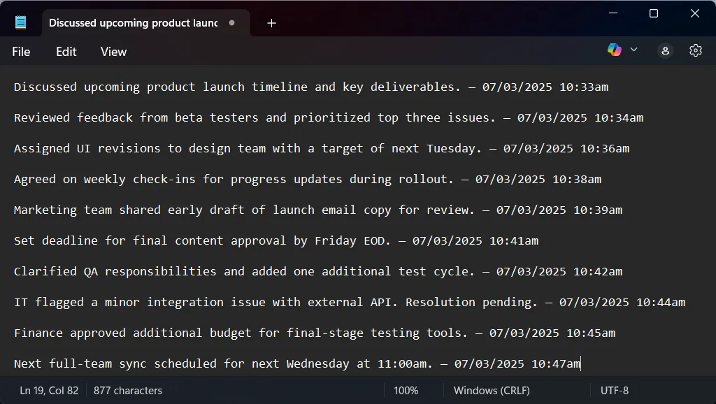 Ghi chú cuộc họp trong Notepad với các dấu thời gian (timestamps) tự động được chèn bằng AutoHotkey.