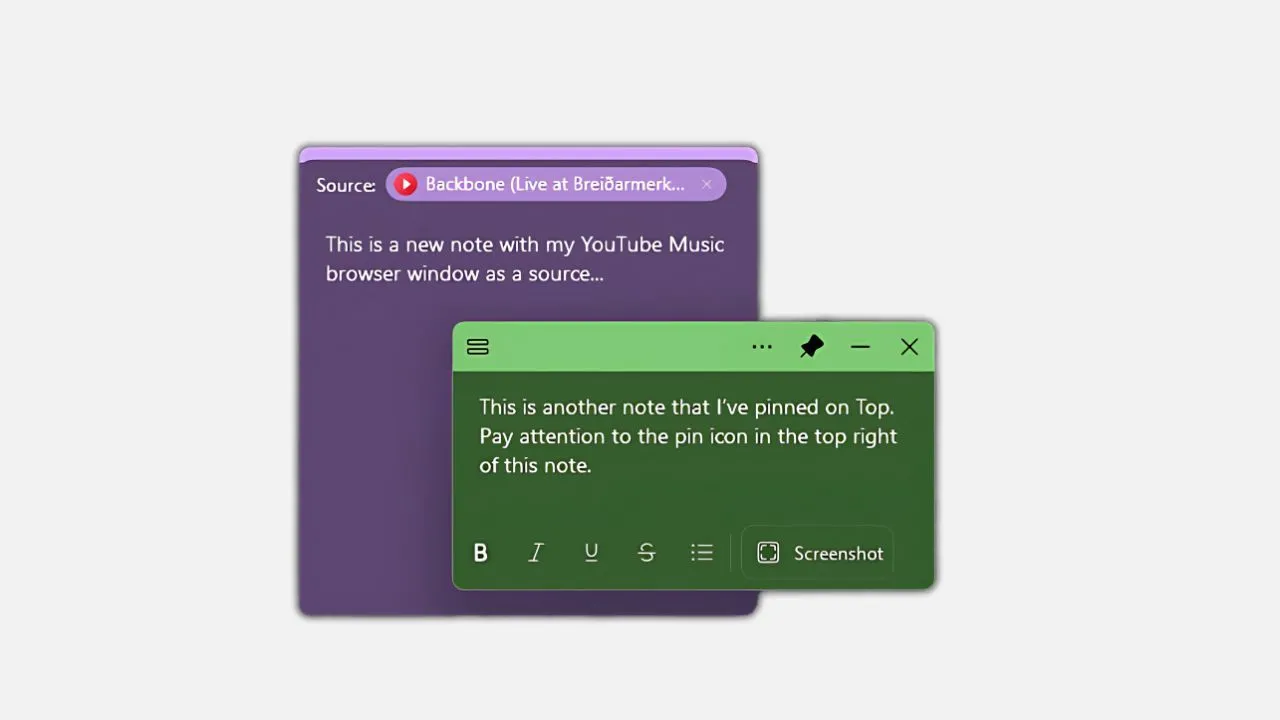 Ghi chú Sticky Notes được ghim cố định trên màn hình Windows 11, hiển thị dù ứng dụng khác đang hoạt động.