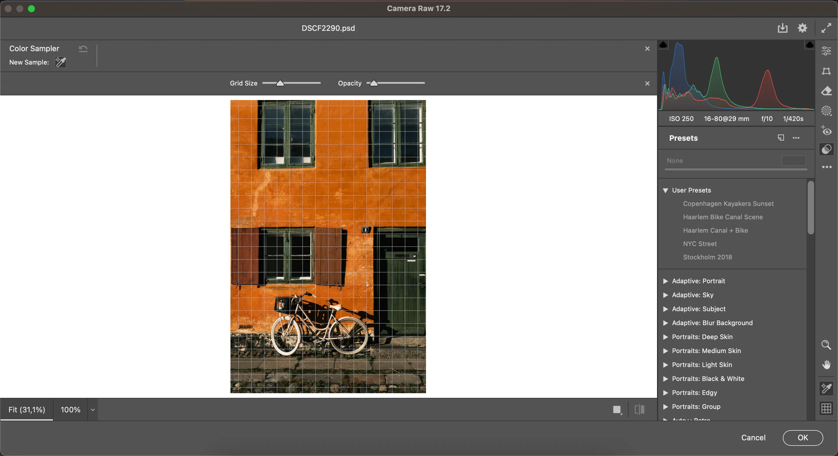 Giao diện Adobe Camera Raw hiển thị các thanh trượt chỉnh sửa màu sắc, ánh sáng và biểu đồ RGB.