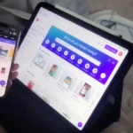 Giao diện Adobe Express trên iPhone và Canva trên iPad, minh họa khả năng sử dụng đa nền tảng cho thiết kế di động.