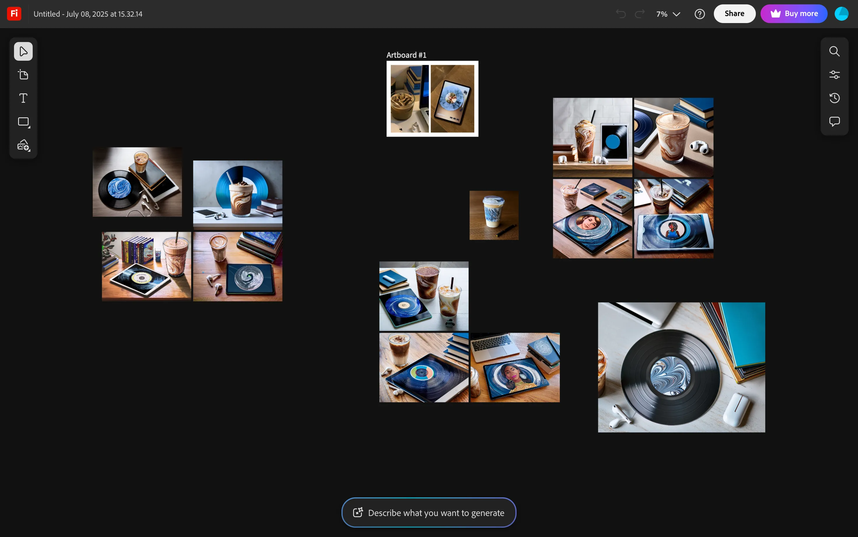 Giao diện Adobe Firefly Boards đang mở trên trình duyệt web, hiển thị nhiều hình ảnh được sắp xếp như một bảng ý tưởng AI
