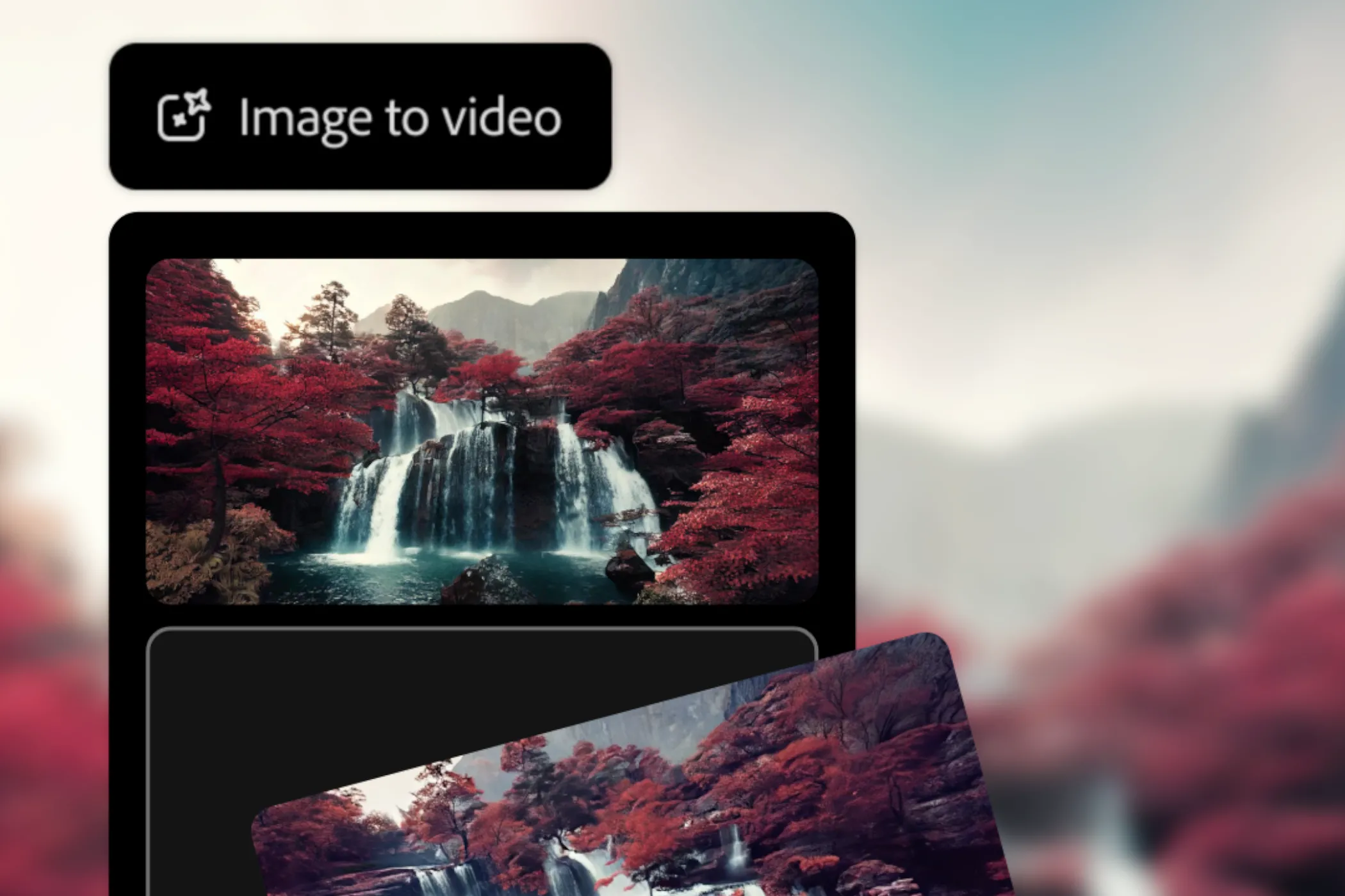 Giao diện Adobe Firefly hiển thị khả năng chuyển đổi ảnh thác nước Nhật Bản thành video, minh họa tính năng image-to-video