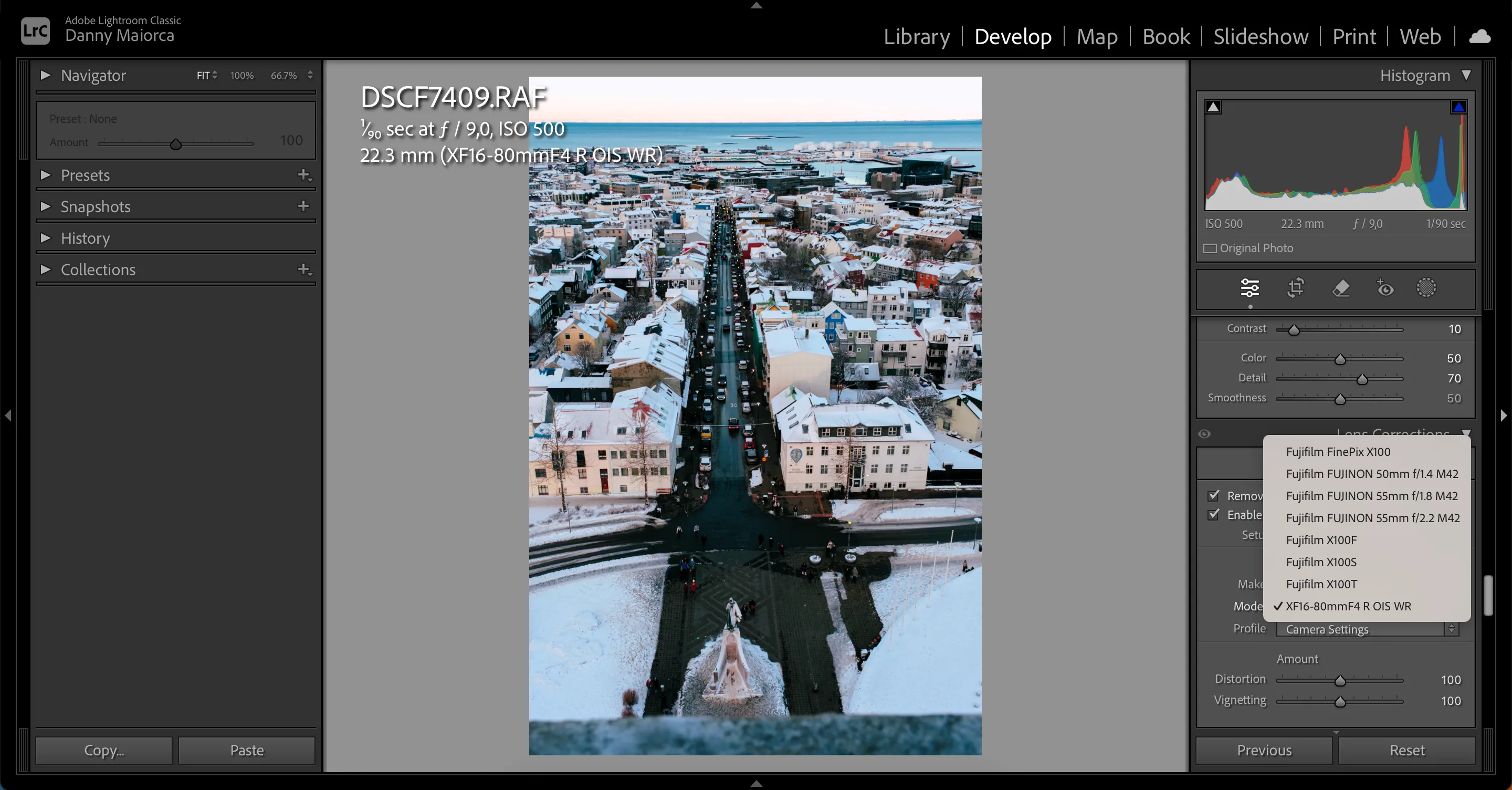 Giao diện Adobe Lightroom Classic trên máy tính hiển thị tính năng Calibration và các tùy chọn hiệu chỉnh ống kính chuyên sâu.