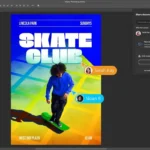 Giao diện Adobe Photoshop hiển thị dự án thiết kế đồ họa với các biểu tượng cộng tác trực tiếp