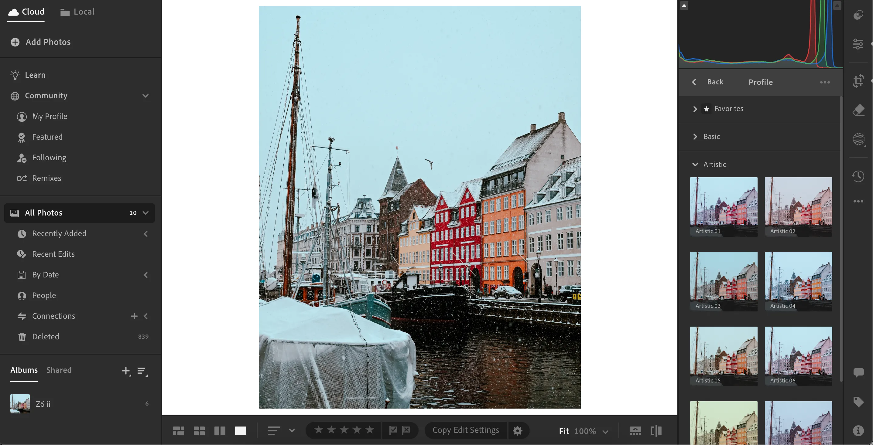 Giao diện áp dụng các cấu hình màu khác nhau trong Adobe Lightroom với tùy chọn Profile được mở rộng.