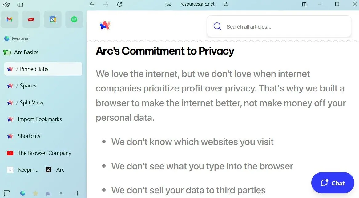 Giao diện Arc Browser hiển thị chính sách quyền riêng tư của The Browser Company, nhấn mạnh cam kết bảo mật dữ liệu người dùng