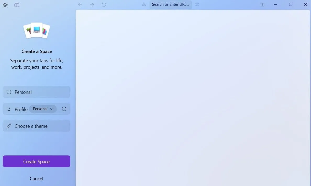 Giao diện Arc Browser hiển thị tùy chọn tạo không gian làm việc Space mới để phân chia các khu vực duyệt web