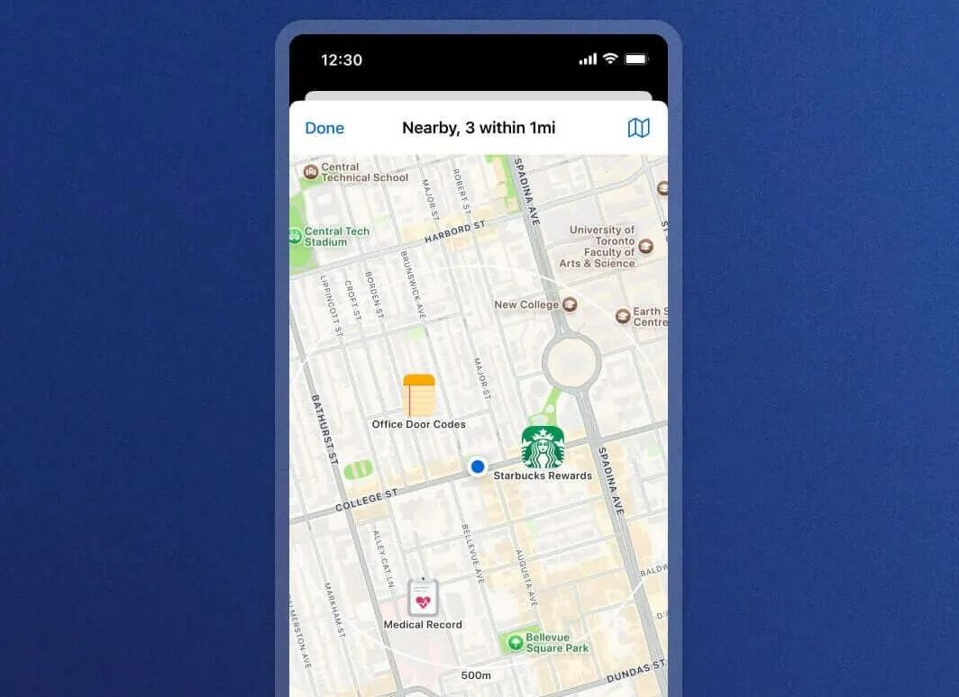 Giao diện bản đồ trong ứng dụng 1Password hiển thị các mục được gán vị trí cụ thể