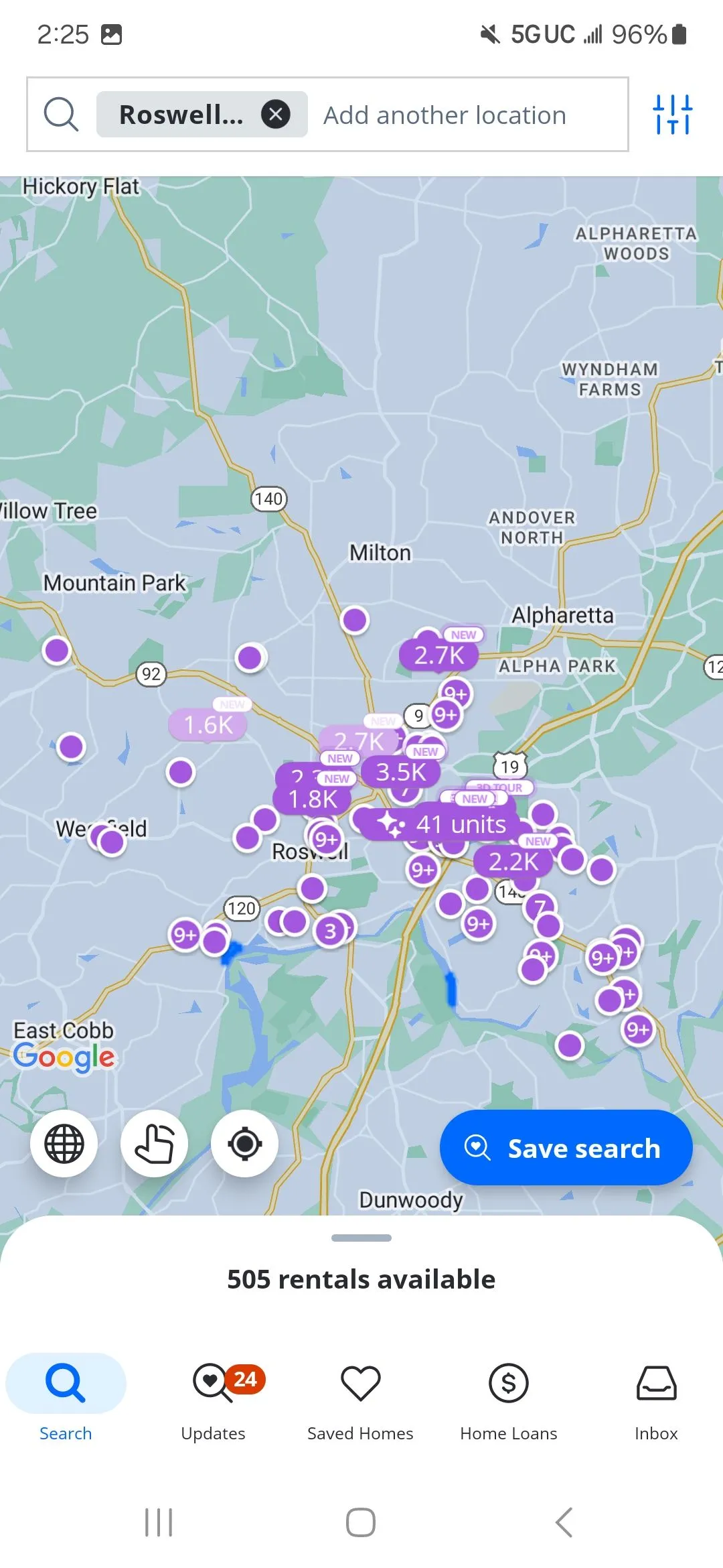 Giao diện bản đồ tương tác của ứng dụng Zillow hiển thị các căn hộ cho thuê và giá khu vực