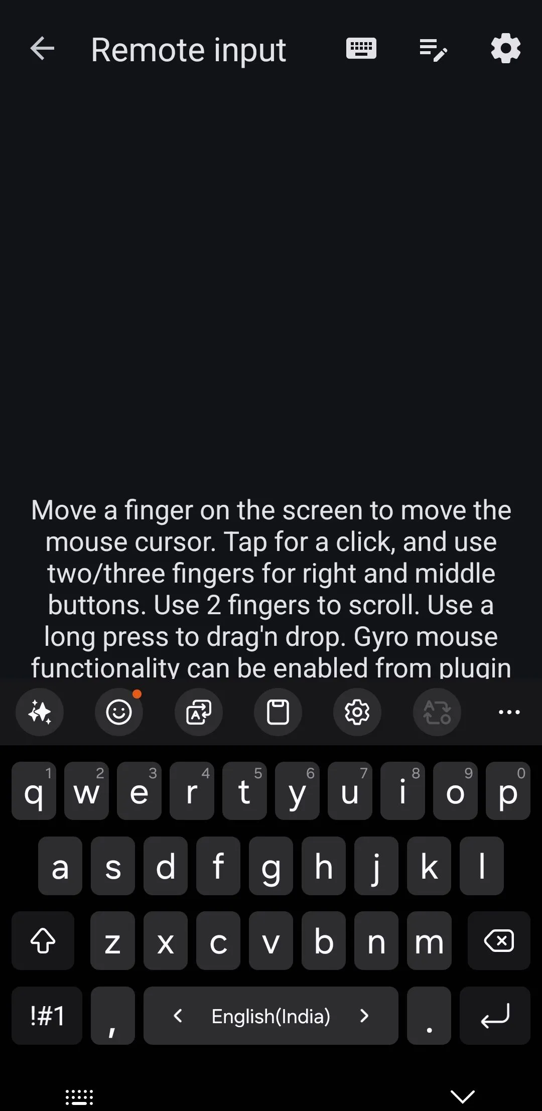 Giao diện bàn phím ảo của ứng dụng KDE Connect trên điện thoại Android, dùng để nhập liệu từ xa vào PC.