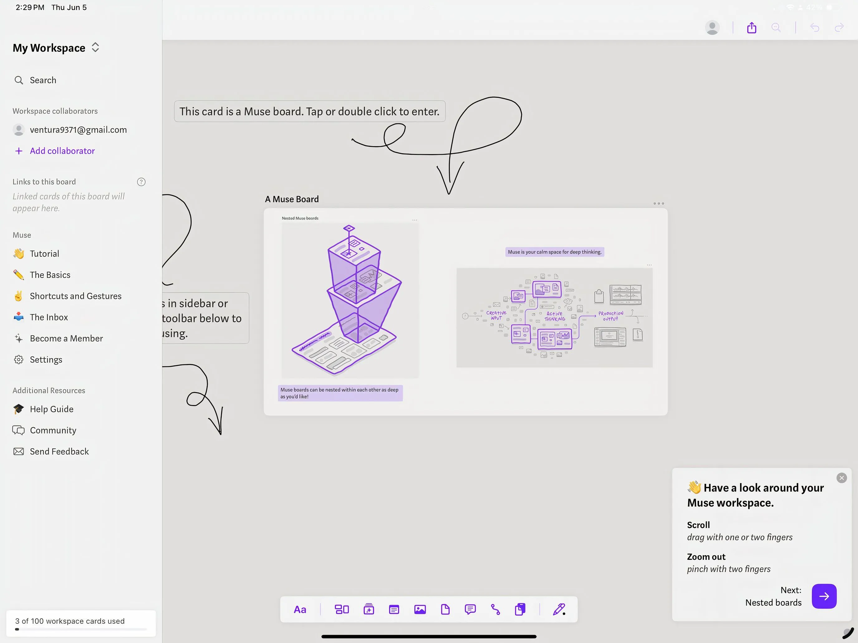 Giao diện bảng trắng mở rộng của ứng dụng Muse trên iPad