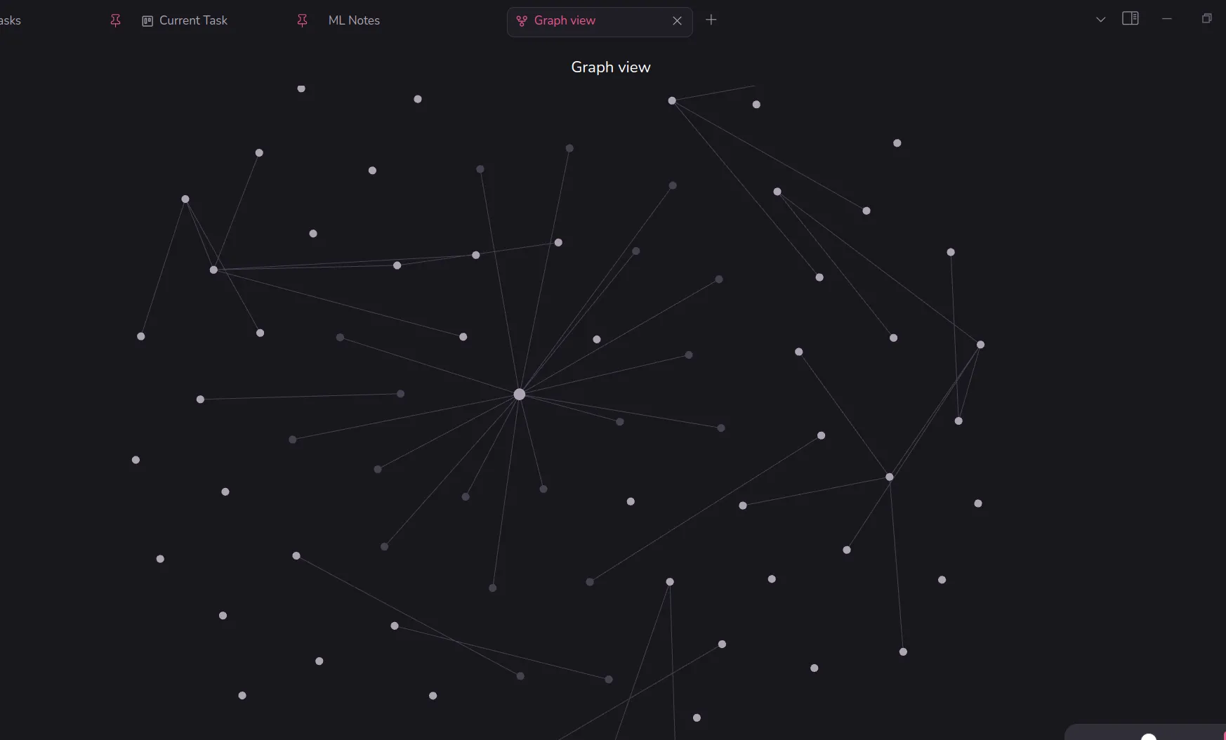 Giao diện Biểu đồ (Graph View) của Obsidian hiển thị mối quan hệ liên kết giữa các ghi chú khác nhau, tạo thành mạng lưới tri thức.