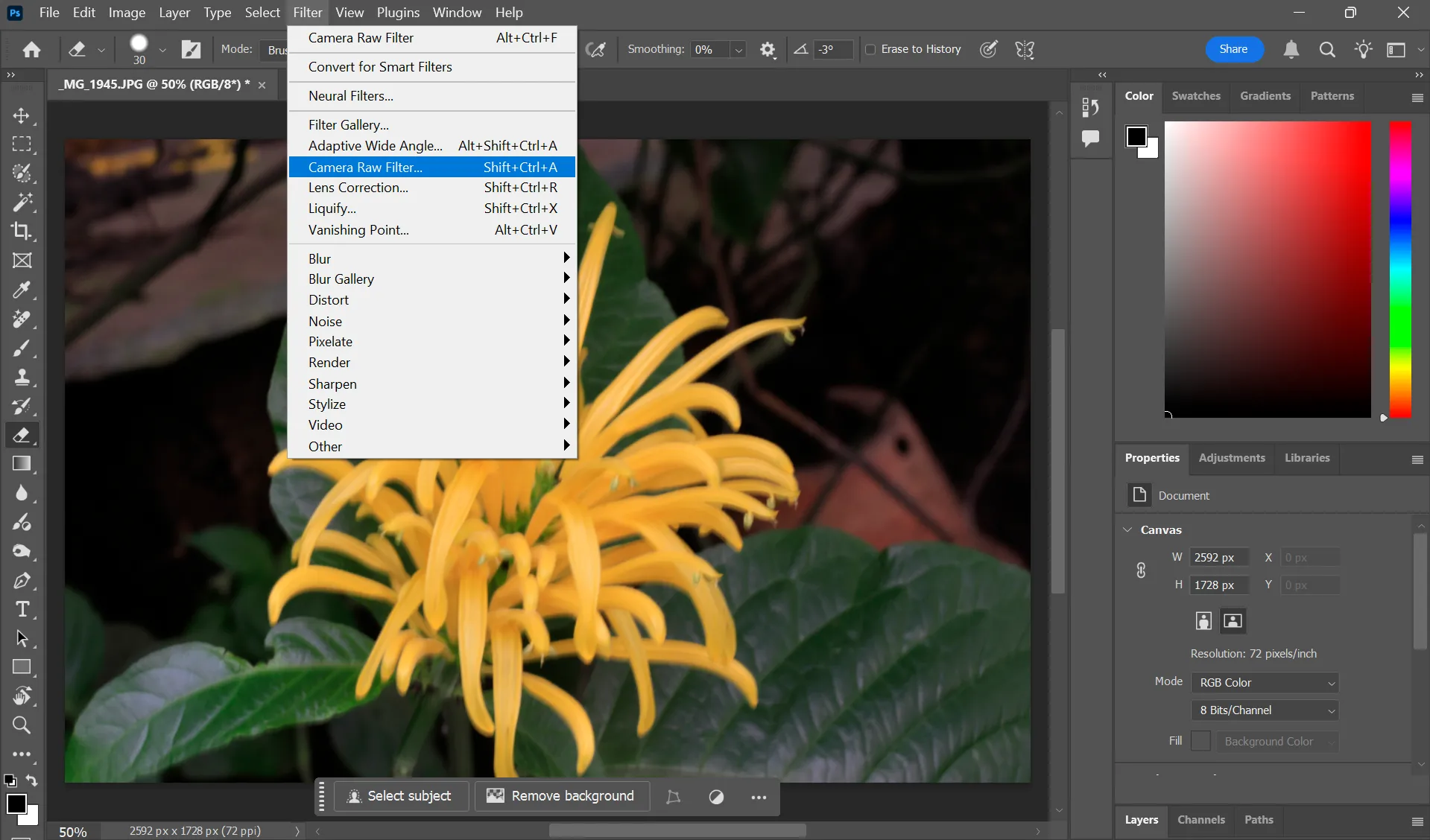 Giao diện bộ lọc Camera Raw trong Photoshop với tùy chọn Lens Blur