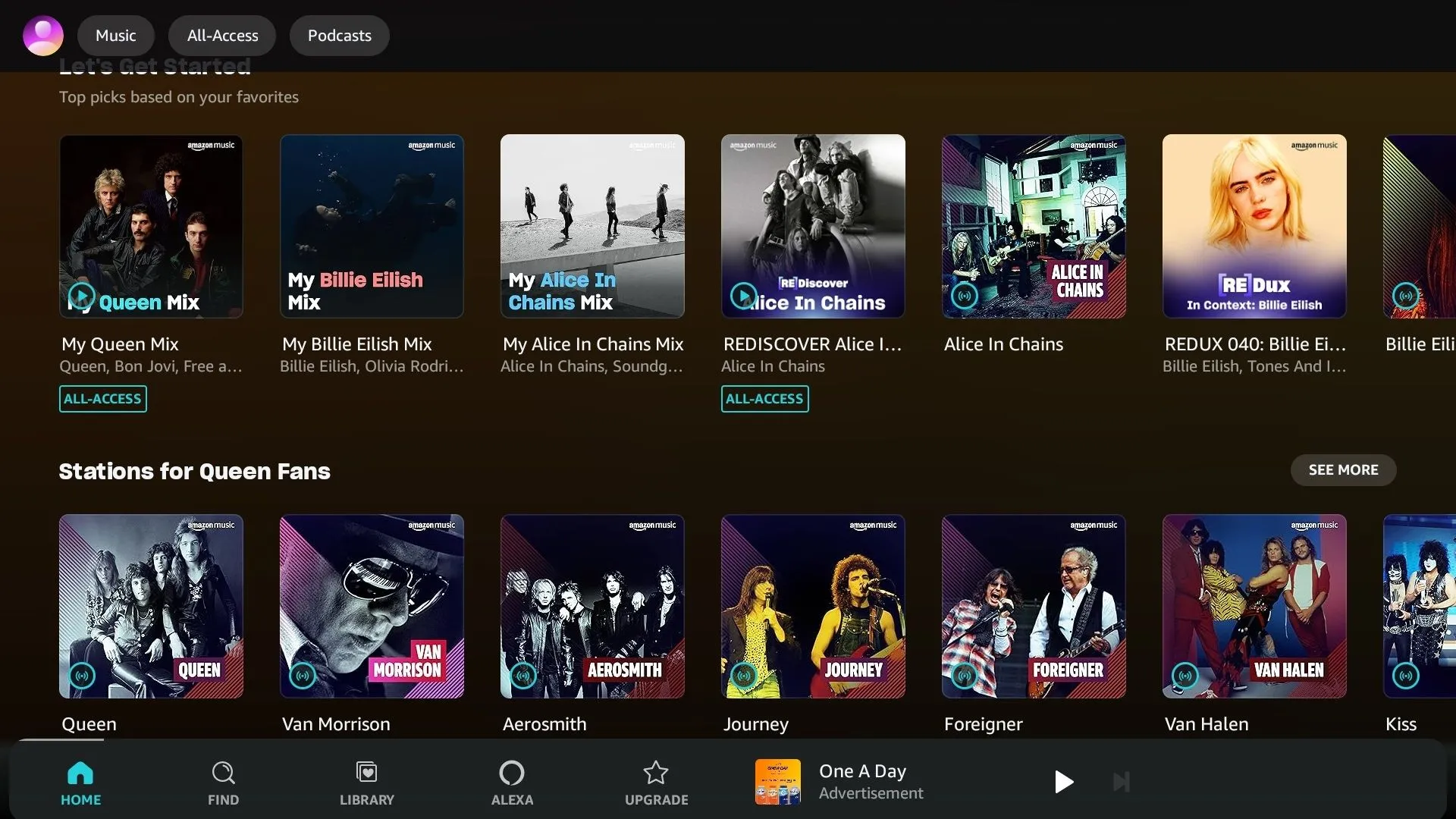 Giao diện các danh sách phát All-Access và cộng đồng trên Amazon Music Prime