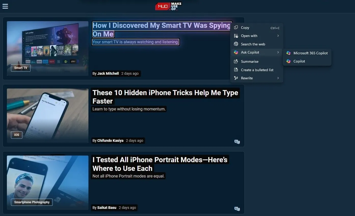 Giao diện các tùy chọn Ask Copilot trong tính năng Click to Do của Windows 11