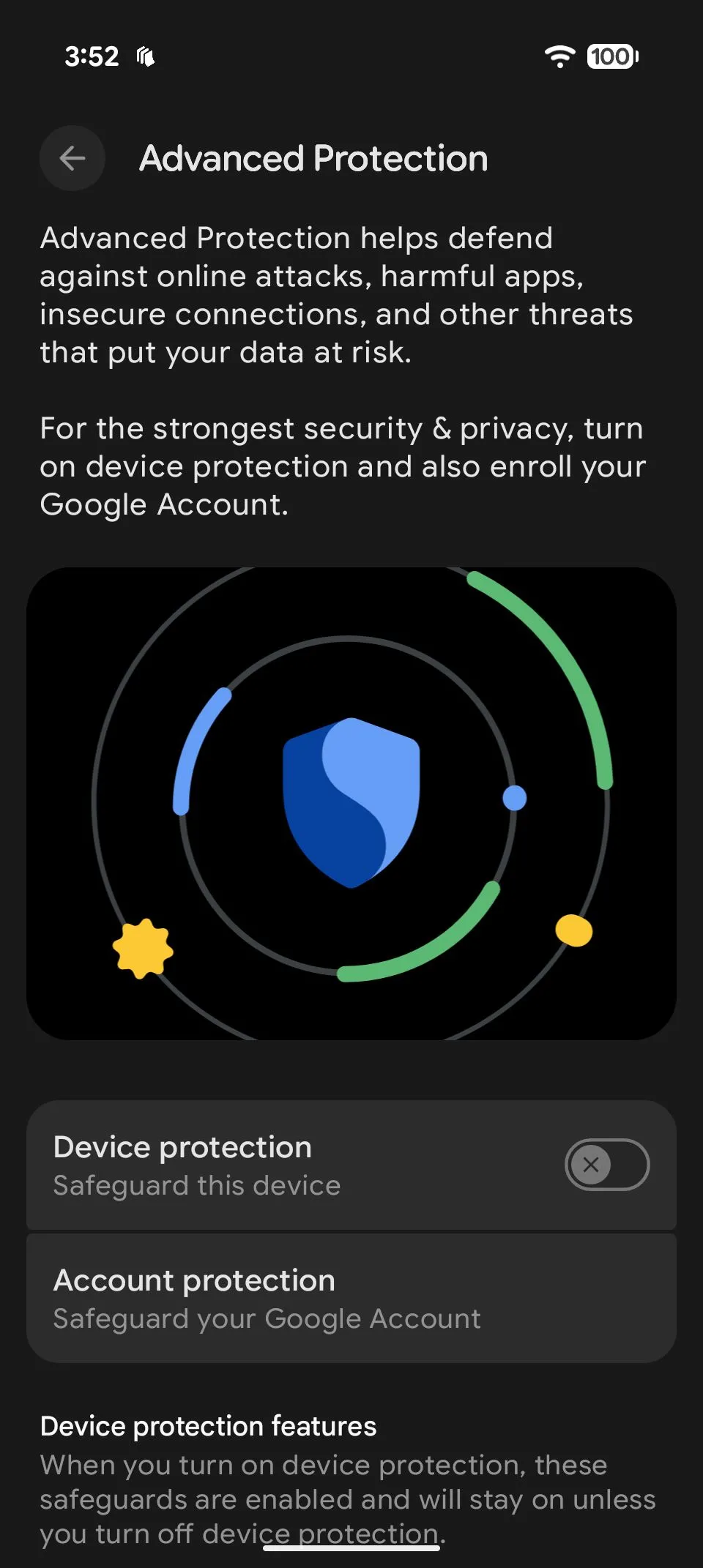Giao diện cài đặt Android 16, hiển thị mục Advanced Protection và tùy chọn bật/tắt chế độ bảo mật nâng cao