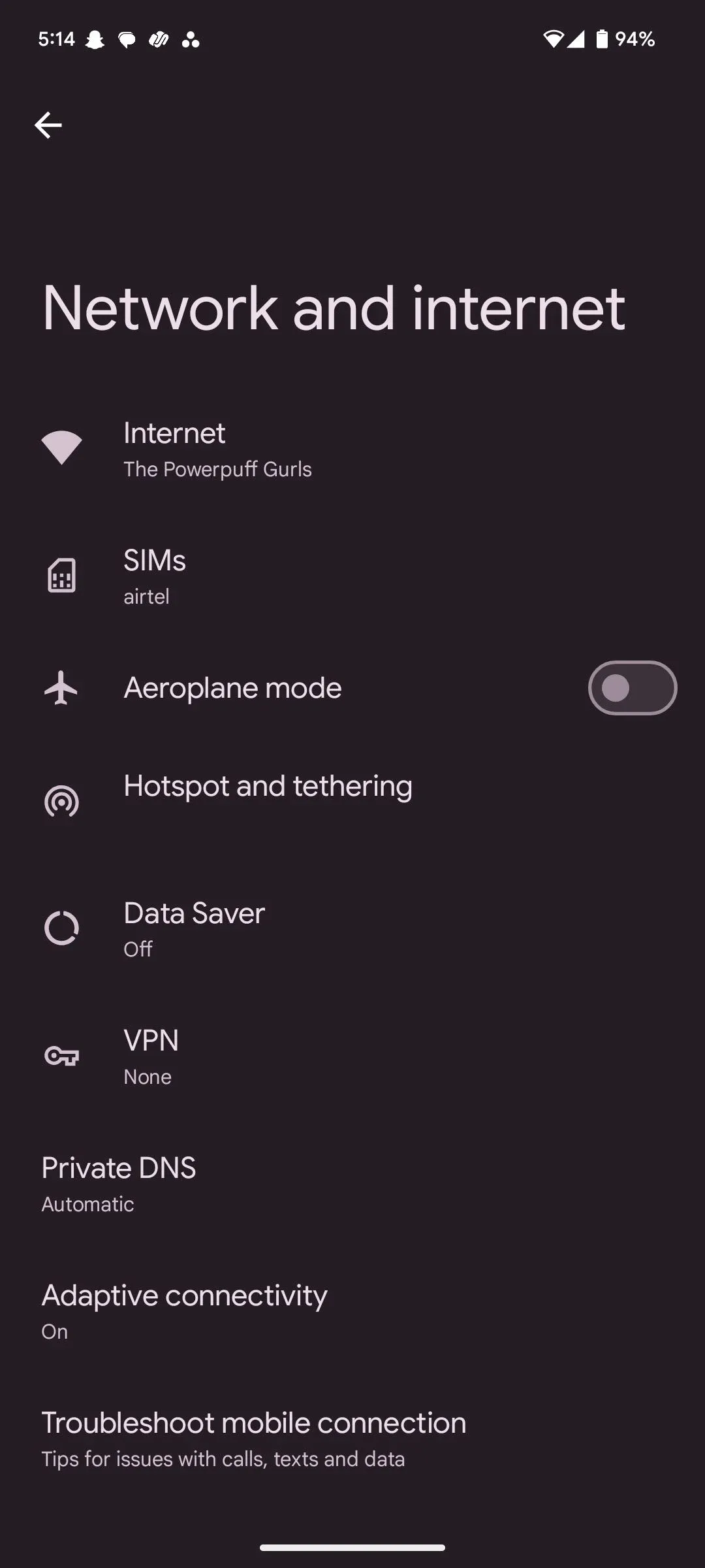 Giao diện Cài đặt Android, hiển thị tùy chọn 'Internet' để quản lý kết nối Wi-Fi.