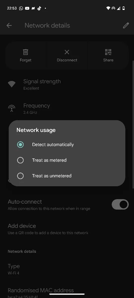 Giao diện cài đặt Android hiển thị tùy chọn "Treat as metered" để giới hạn sử dụng dữ liệu mạng hotspot