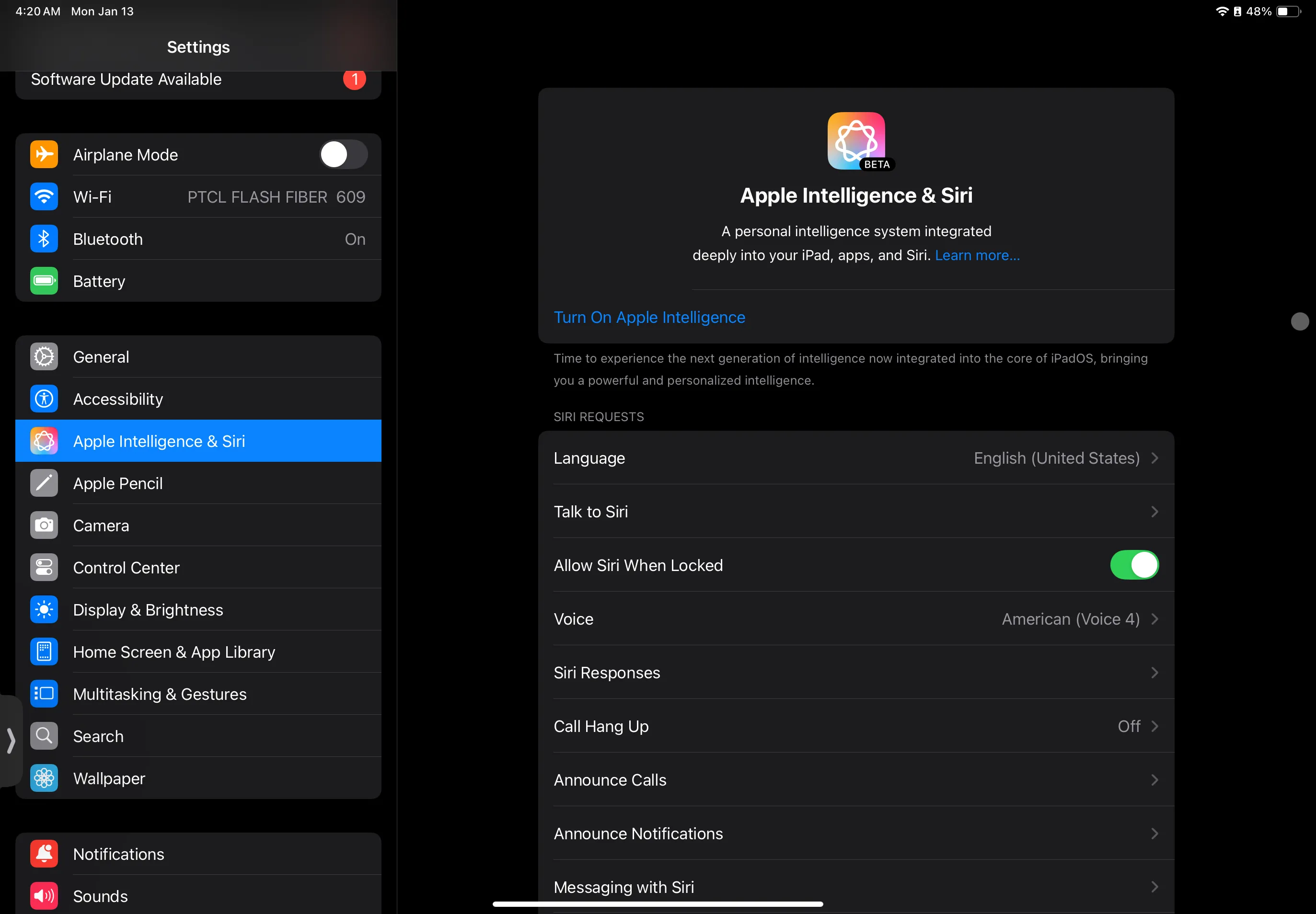 Giao diện cài đặt Apple Intelligence &amp; Siri trên iPad, nơi người dùng có thể kích hoạt các tính năng AI mới của Apple.