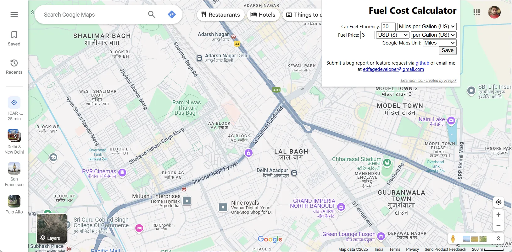 Giao diện cài đặt ban đầu của tiện ích Google Maps Fuel Cost Calculator, cho phép nhập mức tiêu thụ nhiên liệu và giá xăng