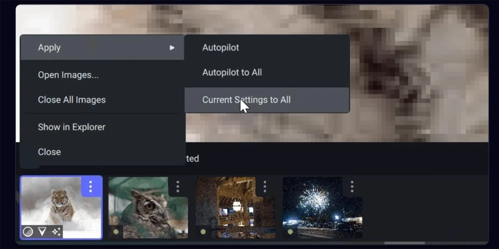 Giao diện cài đặt chế độ Autopilot thông minh của Topaz Labs, giúp tự động gợi ý và áp dụng các chỉnh sửa ảnh hiệu quả.