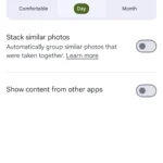 Giao diện cài đặt chế độ xem ảnh của Google Photos với tùy chọn ẩn nội dung từ các ứng dụng khác và tùy chỉnh theo từng ứng dụng