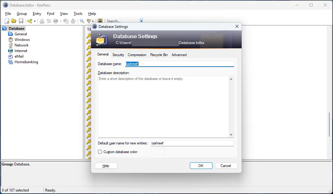 Giao diện cài đặt cơ sở dữ liệu KeePass với các tùy chọn bảo mật và mã hóa