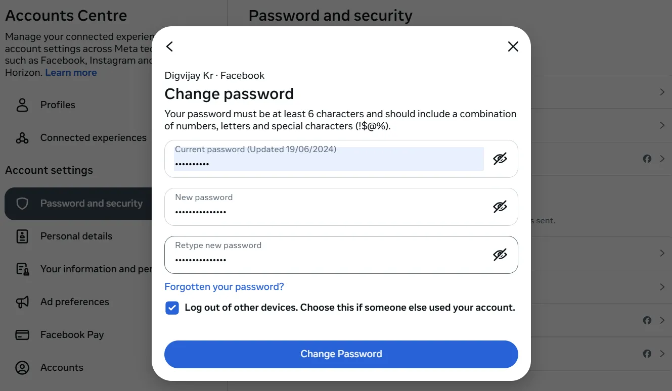 Giao diện cài đặt đổi mật khẩu trên ứng dụng Facebook