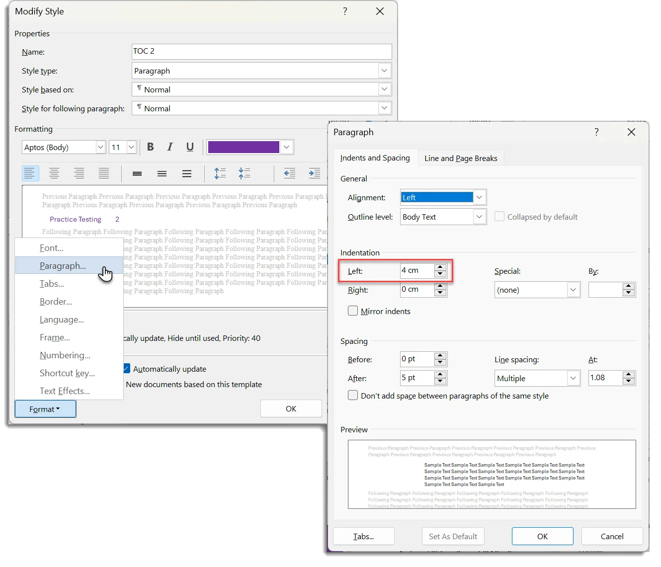 Giao diện cài đặt Paragraph trong Microsoft Word, hiển thị phần Indentation với tùy chọn Left, cho phép người dùng nhập giá trị để dịch chuyển văn bản mục lục sang phải, tránh bị che khuất bởi hình ảnh.