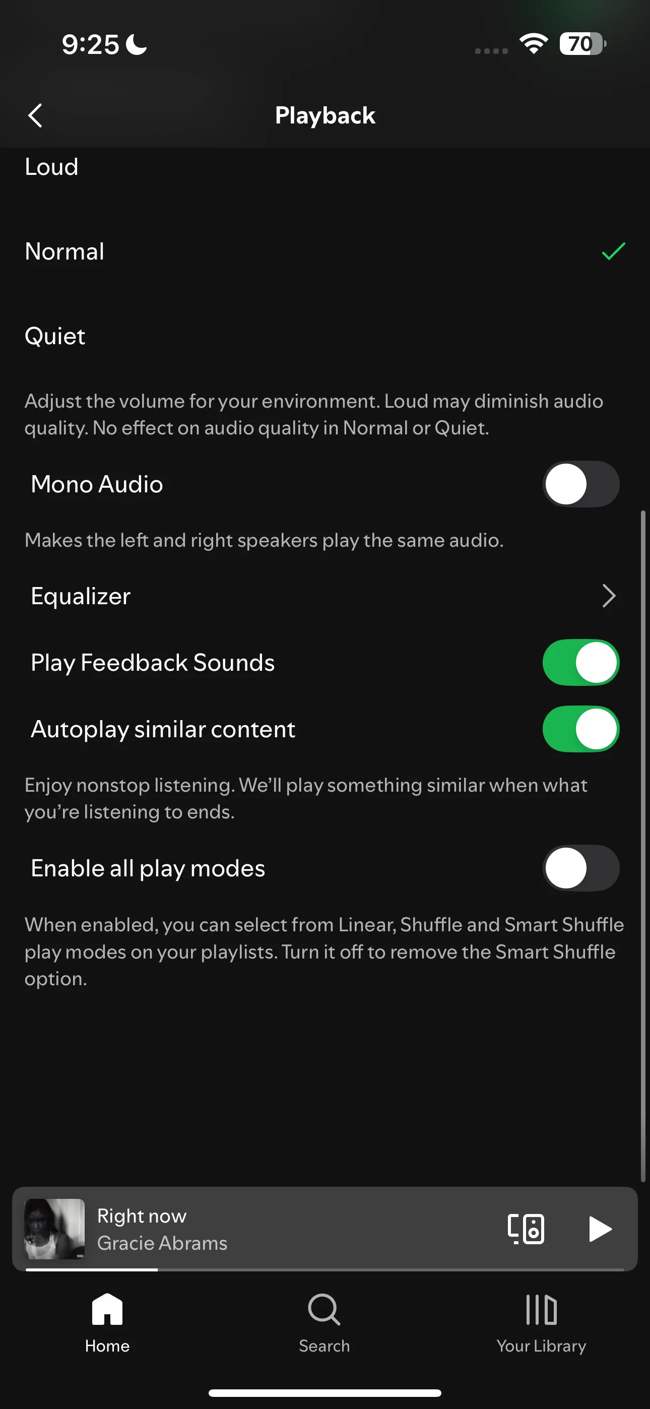 Giao diện cài đặt Phát lại (Playback) của Spotify trên iPhone với tùy chọn &quot;Bật tất cả chế độ phát&quot;